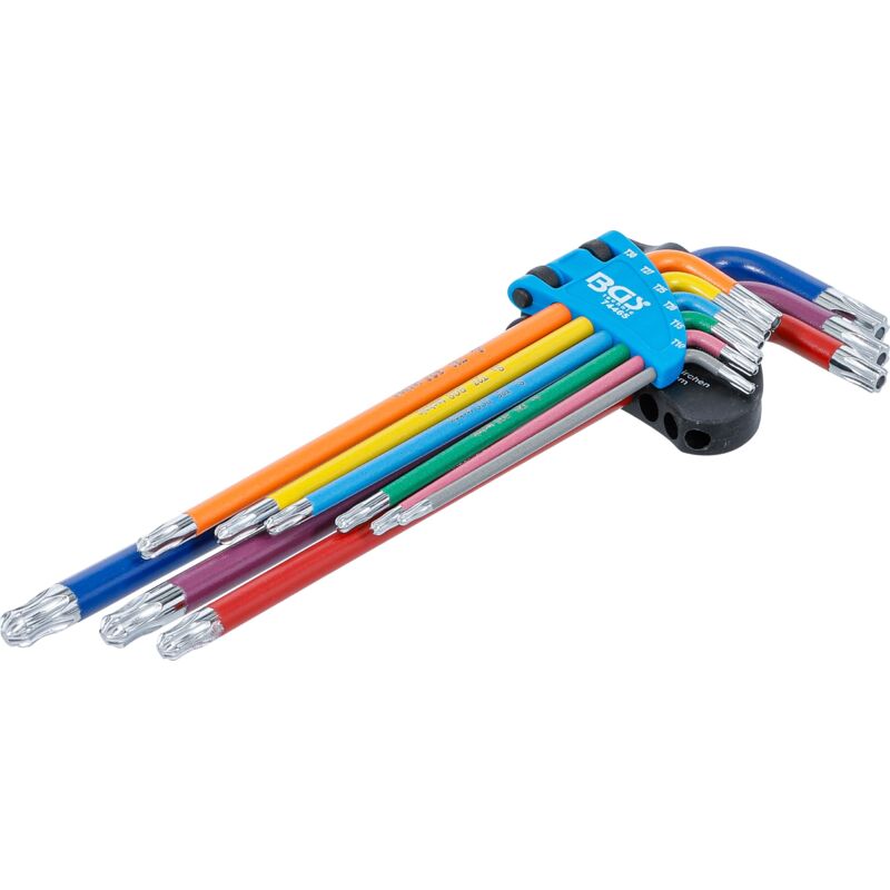 foto del prodotto bgs technic serie di chiavi ad angolo multicolore extra lunghe profilo a t per torx con foro e testa sferica t10 t50 9 pz.
