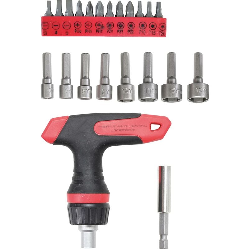 foto del prodotto bgs technic serie di inserti e bussole con impugnatura portainserti magnetica girevole, reversibile versione con impugnatura a t 22 pz.