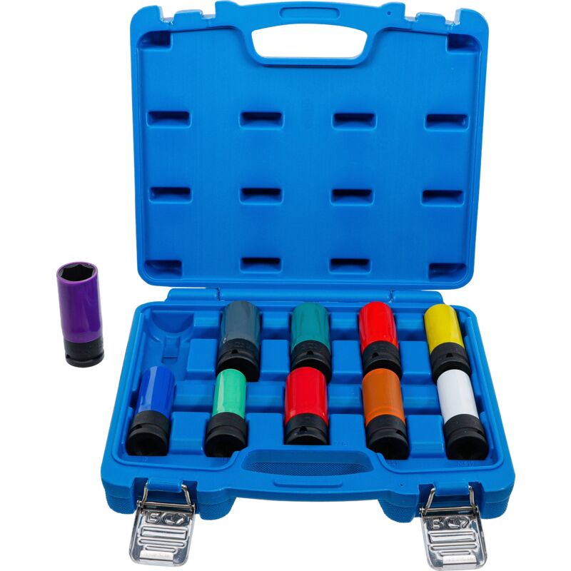 foto del prodotto bgs technic set di bussole macch.riv.plastica 12,5 mm 1 2 15 24 mm e bulloni speciali per ruote 10 pz.