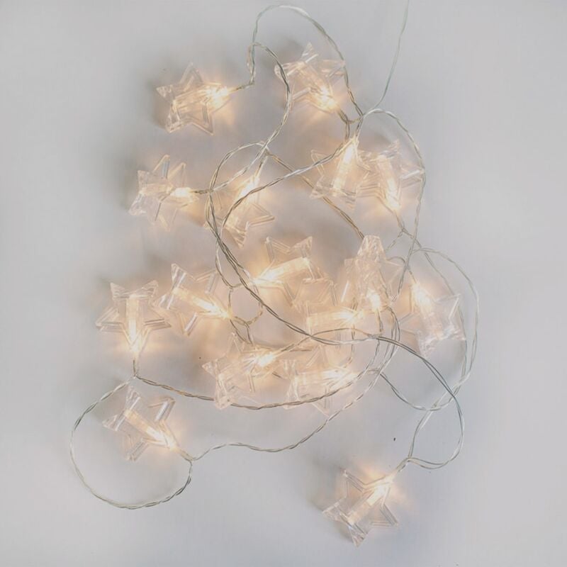 foto del prodotto bianca ghirlanda luminosa natalizia decorativa. paralume a forma di stella. lunghezza 450 cm e luce calda a led. realizzata in spagna