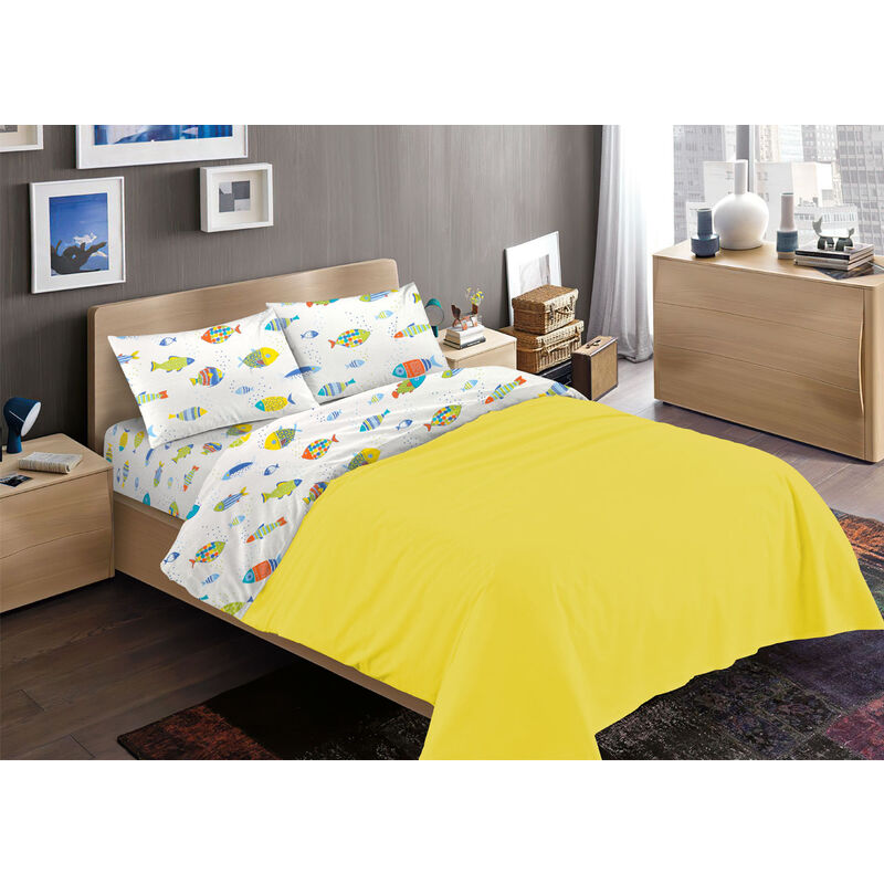 foto del prodotto biancheriaweb completo lenzuola letto 100 cotone disegno pesciolini colorati rp made in italy fantasia marina estiva, misura1
