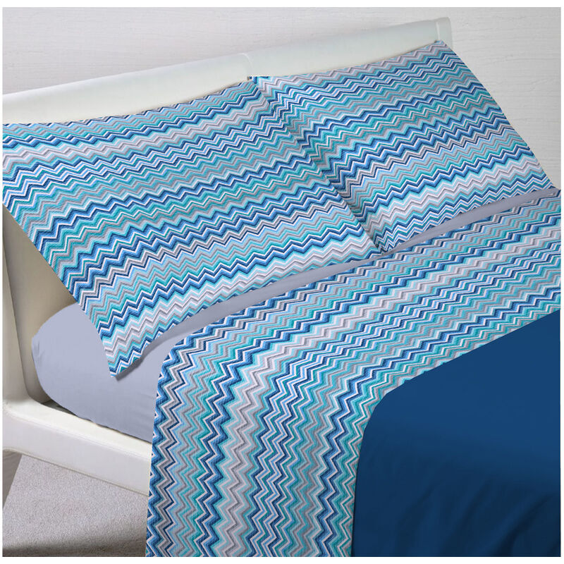foto del prodotto biancheriaweb completo lenzuola letto in 100 cotone rigato zig zag disegno baia, misurasingolocoloreazzurro