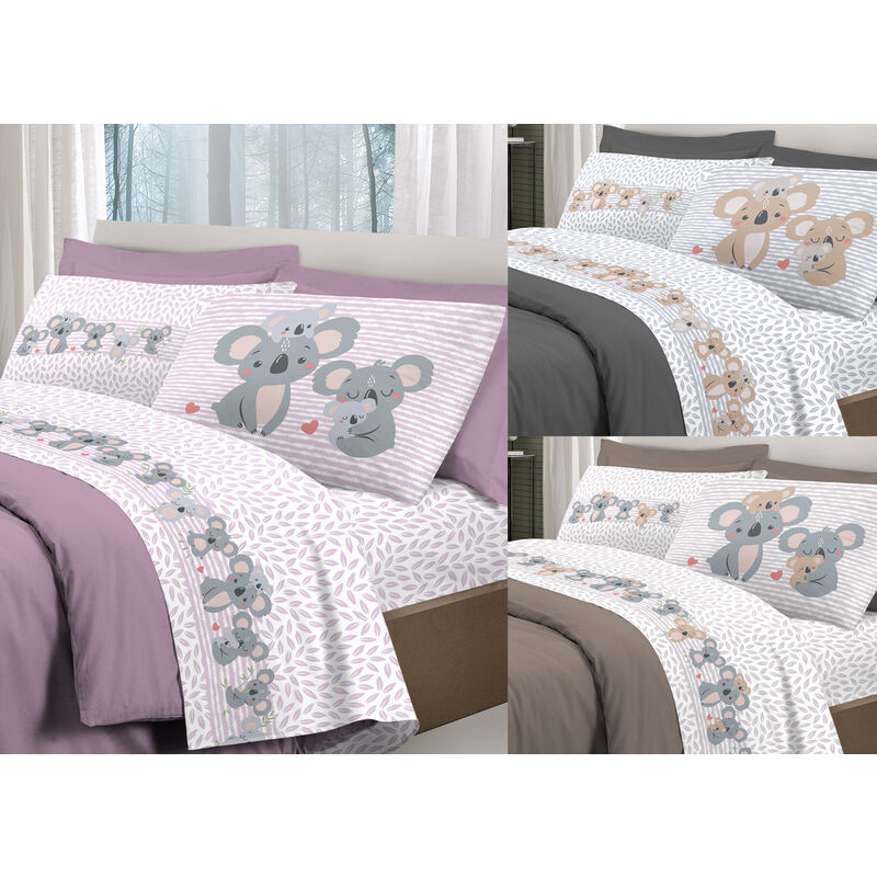 foto del prodotto biancheriaweb completo lenzuola letto pensieri delicati 100 cotone dis. koala family, misurasingolocolorebeige