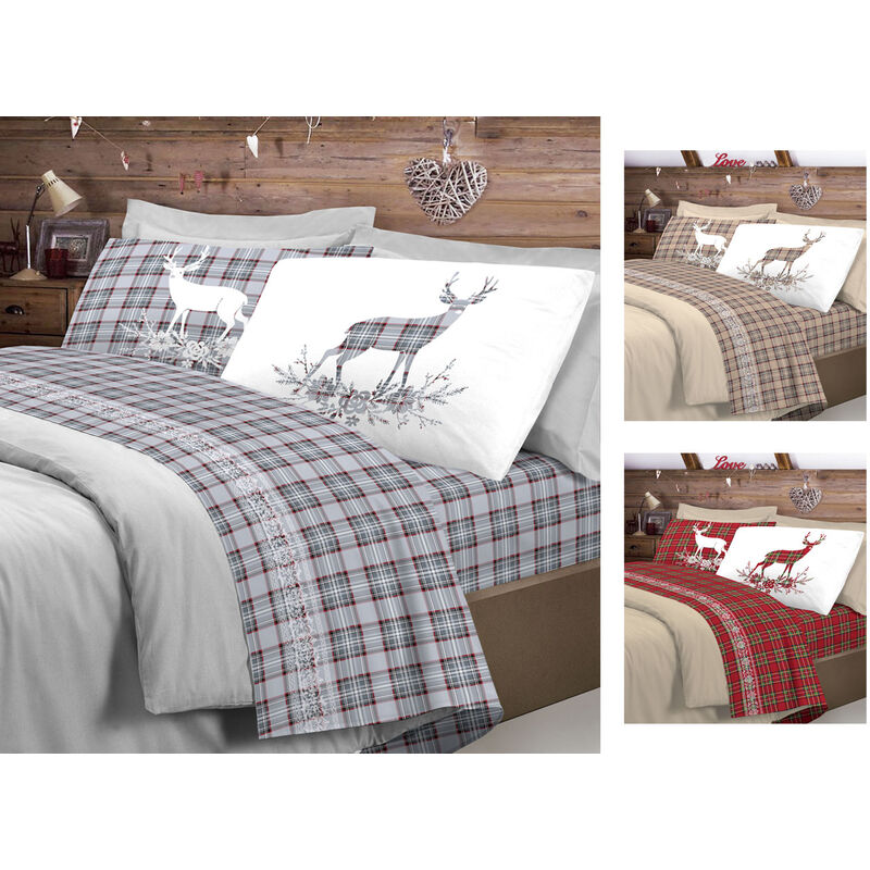 foto del prodotto biancheriaweb completo lenzuola linea pensieri delicati 100 cotone disegno cervo tartan, misurasingolocolorerosso