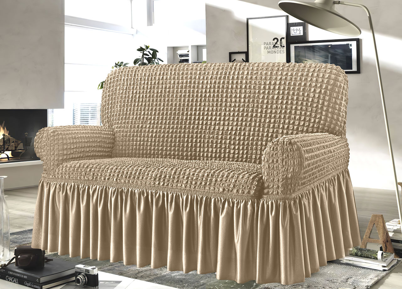 foto del prodotto biancheriaweb copridivano elasticizzato arricciato con volants tinta unita mod luxory beige, misura4 posticolorebeige