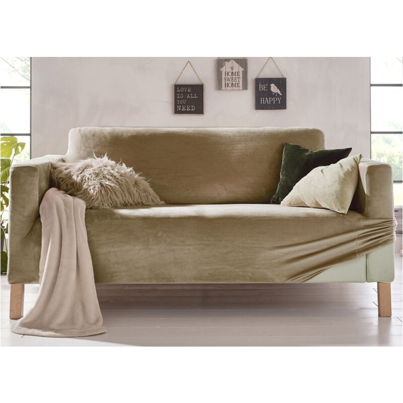 foto del prodotto biancheriaweb copridivano elasticizzato effetto velluto modello morbidissimo colore beige, misurapoltronacolorebeige
