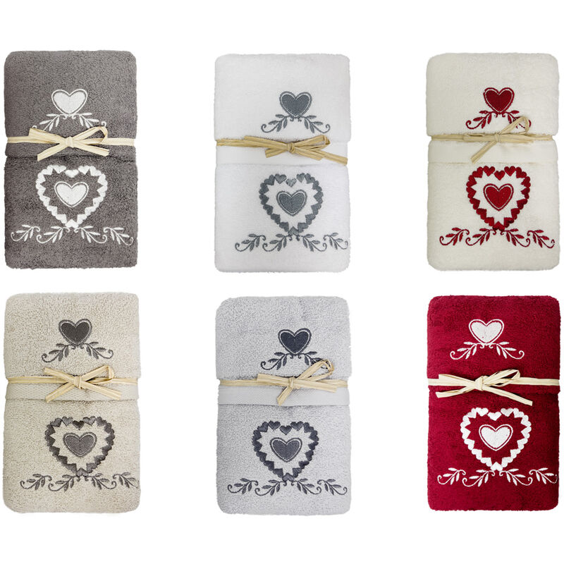 foto del prodotto biancheriaweb set asciugamano copiola salvietta bagno in spugna 100 cotone cornice cuori, misuracopiolacolorerosso