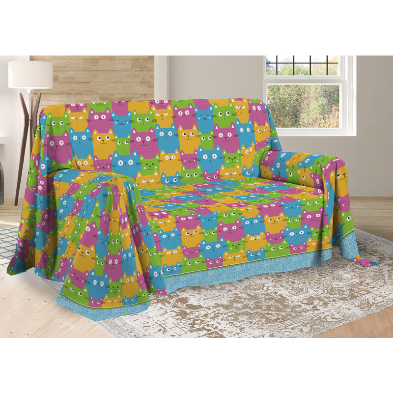 foto del prodotto biancheriaweb telo arredo multiuso linea pensieri delicati in cotone disegno happy cat multicolor, misurasingolocoloremulticolor