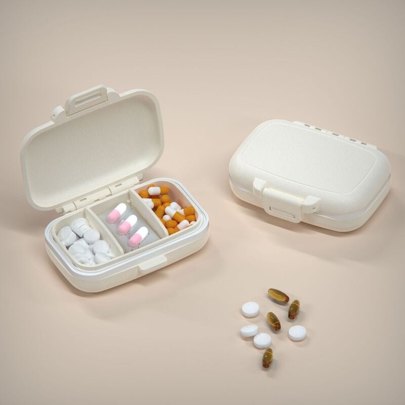 foto del prodotto bianco piccolo portapillole con 3 scomparti, portapillole portatile, portapillole a prova di umidit , portapillole con dispenser di vitamine per