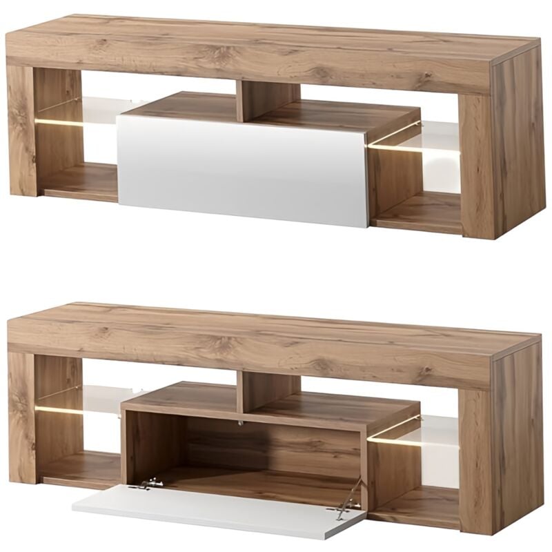 foto del prodotto bianko - mobile tv moderno / tavolino tv / porta tv elegante con ripiani in vetro 140 cm (quercia dorata / bianco lucido, con led) - selsey