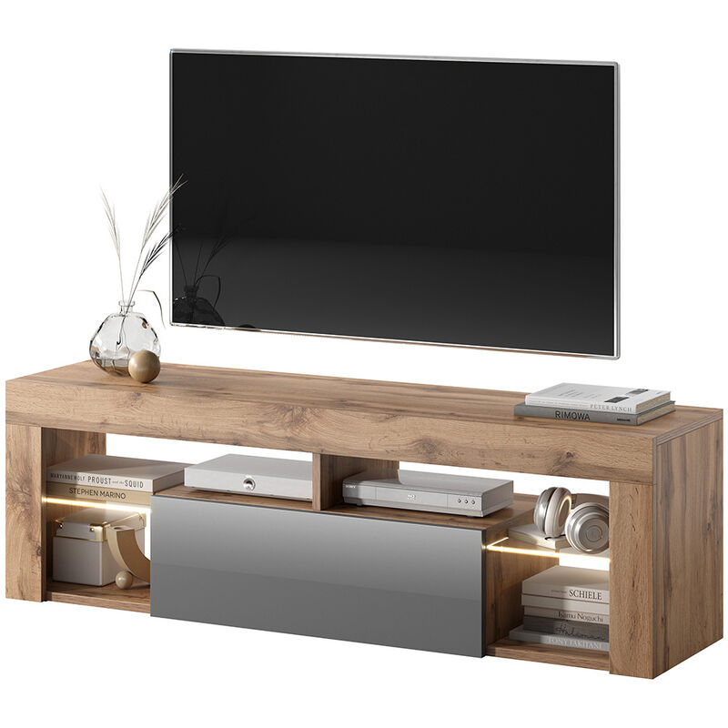 foto del prodotto bianko mobile tv moderno tavolino tv porta tv elegante con ripiani in vetro 140 cm quercia dorata grigio lucido, con led selsey