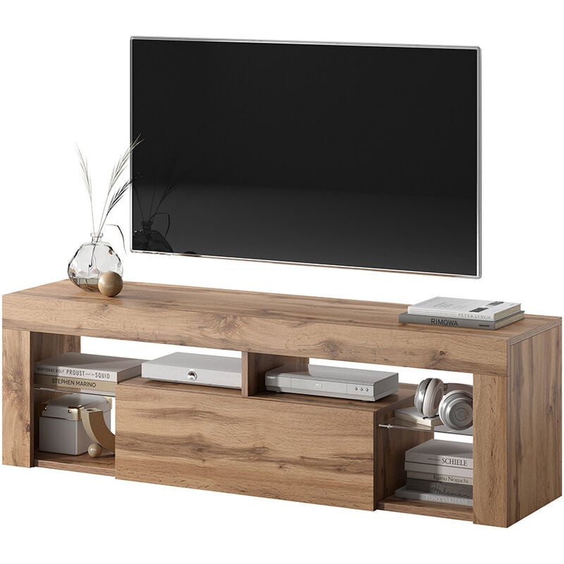 foto del prodotto bianko mobile tv moderno tavolino tv porta tv elegante con ripiani in vetro 140 cm quercia dorata, senza led selsey