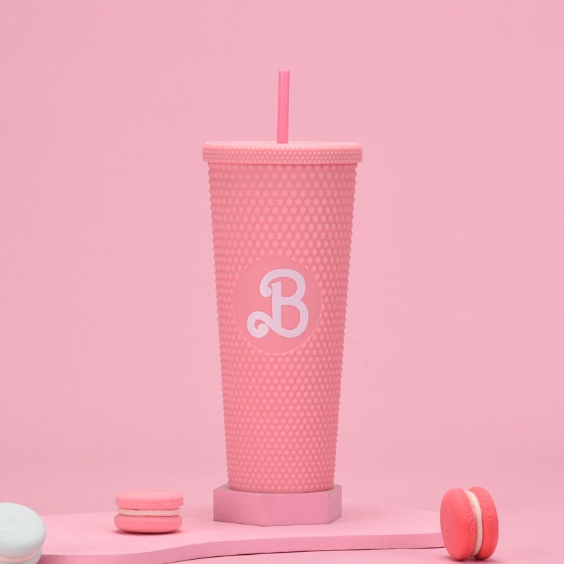 foto del prodotto bicchiere con borchie rosa, tazza rosa, bottiglia d acqua per ragazze da 710 ml con cannuccia, the movie merch, tazza da viaggio per donne e uomini,