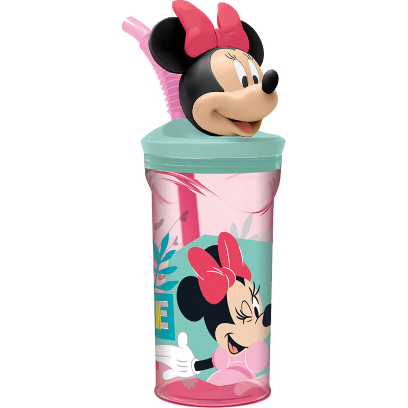 foto del prodotto bicchiere originale disney minnie in plastica da 360 ml per bambini con cannuccia rosa e tappo 3d topolino