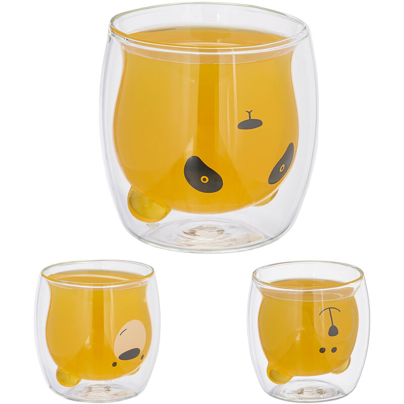 foto del prodotto bicchieri doppio vetro, set da 3, design tre orsi, vetro borosilicato, termici, isolati, 300 ml, trasparente relaxdays