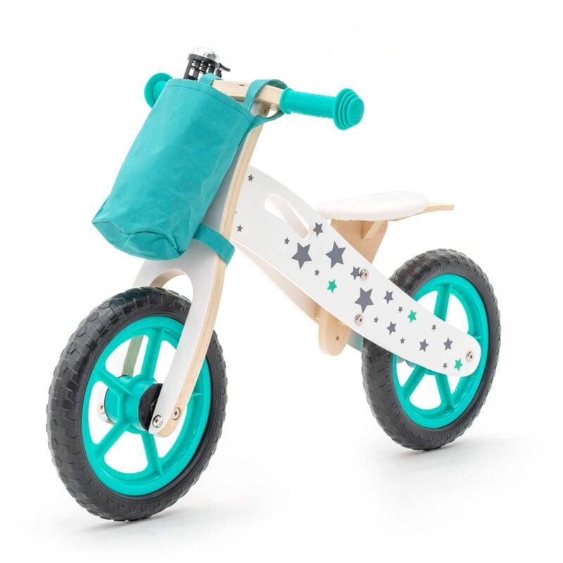 foto del prodotto bicicletta senza pedali montessori robincool street cirtuit 83x36x53 cm triciclo in legno verde con campanello e borsa di stoffa