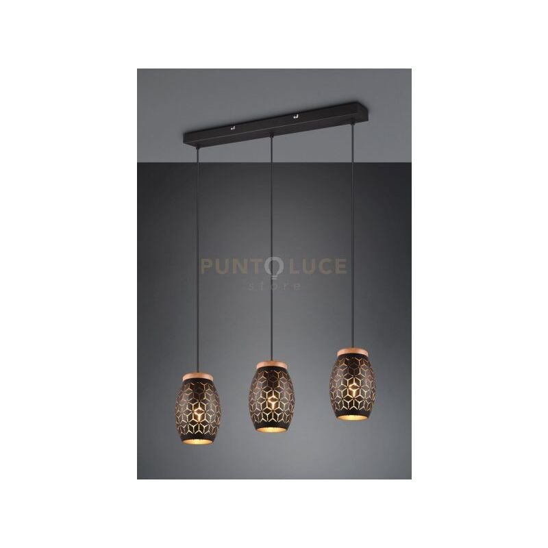 foto del prodotto bidar sospensione 3 diffusori metallo nero e oro taglio laser con inserto in legno l. 71cm attacco e27