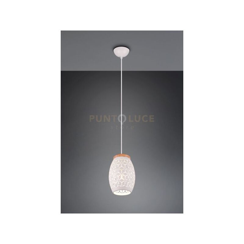 foto del prodotto bidar sospensione metallo bianco taglio laser con inserto in legno d. 15cm 1 luce attacco e27