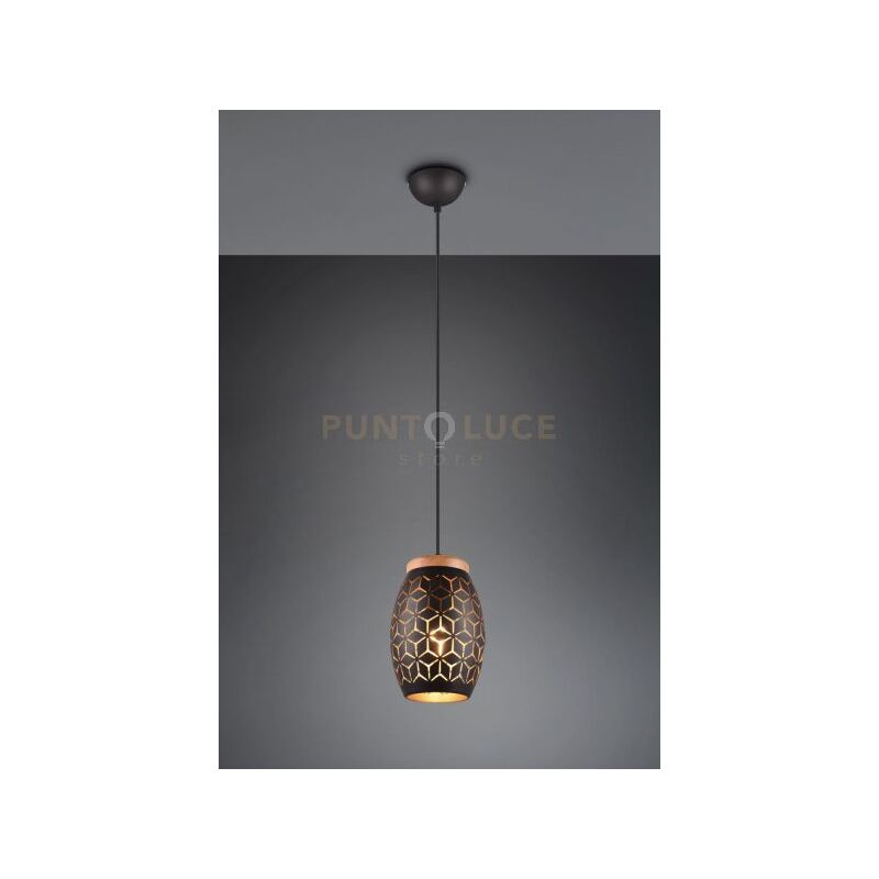 foto del prodotto bidar sospensione metallo nero e oro taglio laser con inserto in legno d. 15cm 1 luce attacco e27
