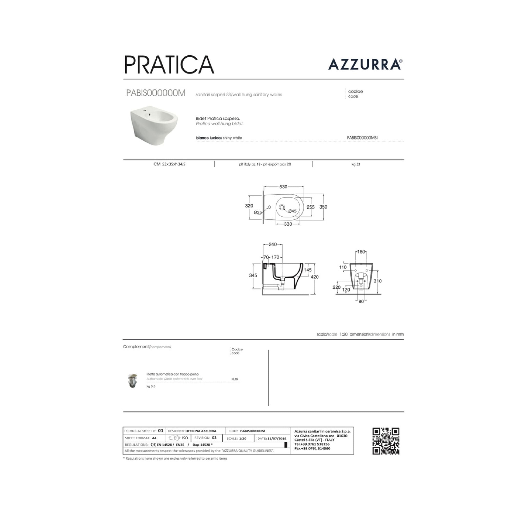 foto del prodotto bidet sospeso azzurra ceramica quot pratica quot bianco lucido