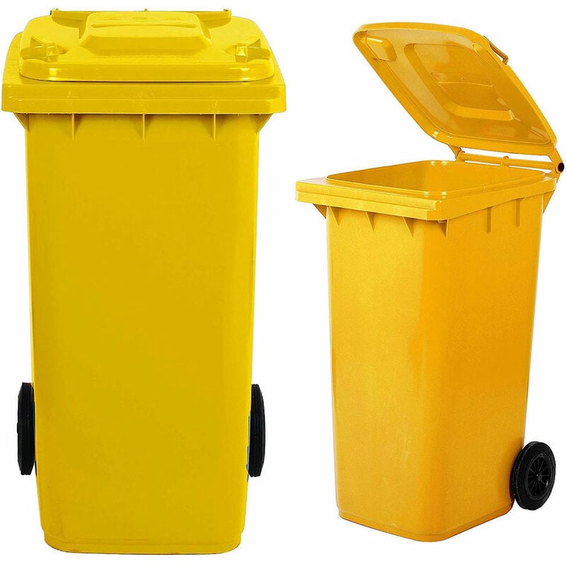 foto del prodotto bidone carrellato giallo per la raccolta differenziata rifiuti 240 lt con ruote e coperchio