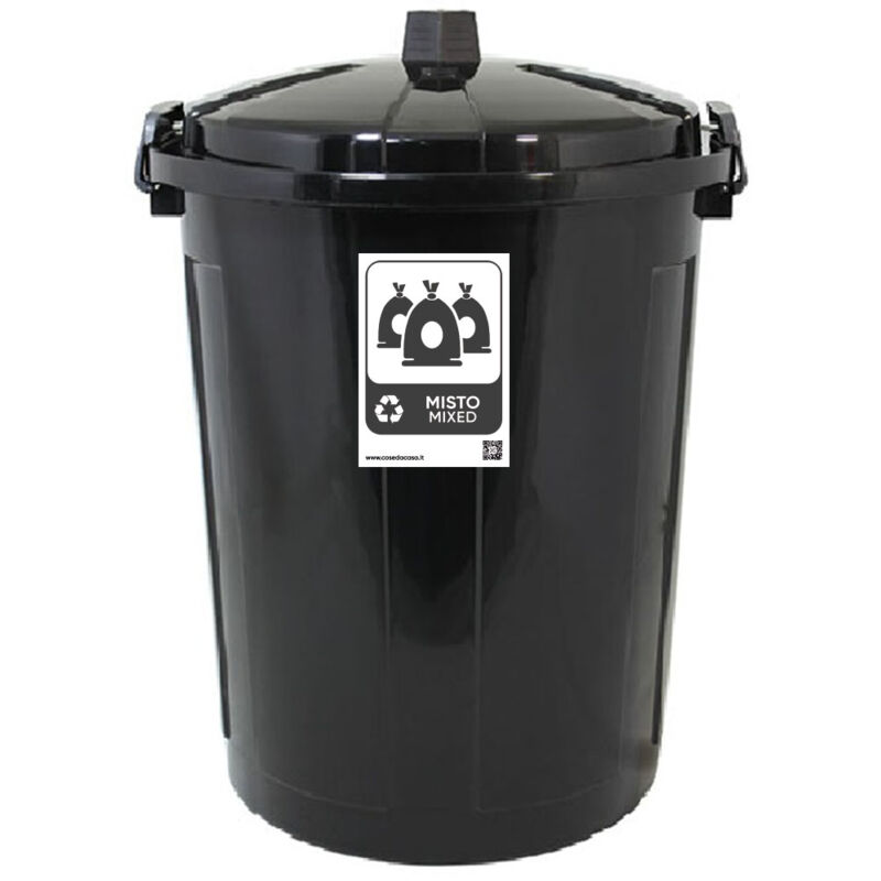 foto del prodotto bidone con coperchio chiuso grande 50 lt antiodori o randagismo nero pattumiera con etichetta raccolta differenziata del misto da interno o esterno