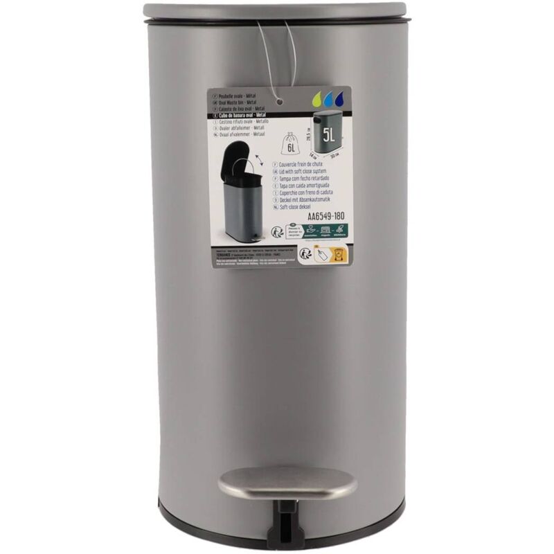foto del prodotto bidone ovale in metallo da 5 l con freno a pedale in acciaio inox grigio tendance