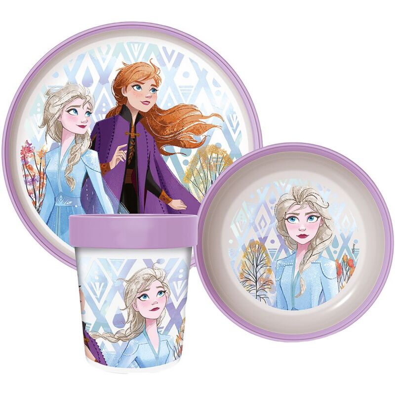 foto del prodotto bigbuy set pappa 3 pezzi bambini disney frozen, in plastica senza bpa, composto da un piatto piano, uno fondo e un bicchiere, lavabile e