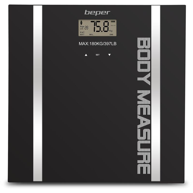foto del prodotto bighouse it beper 40.808a bilancia pesapersone impedenziometrica, pesa massa corporea e percentuale liquidi, 10 memorie, display lcd, superficie in