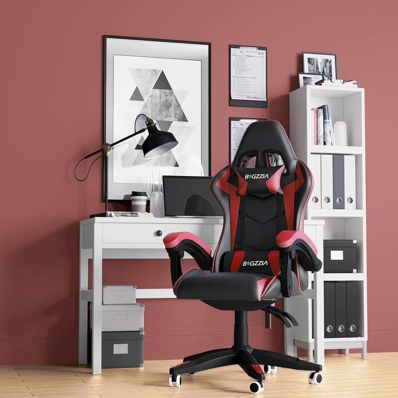 foto del prodotto bigzzia game chair bigzza sedia da ufficio girevole regolabile del gioco da corsa con cuscino e schienale reclinabile, nero e rosso