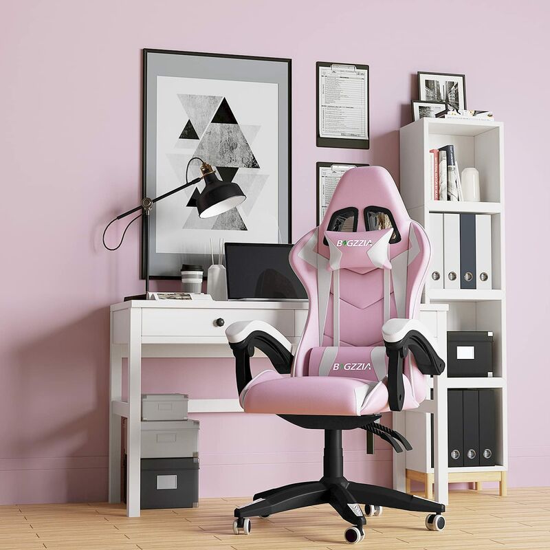foto del prodotto bigzzia game chair bigzza sedia da ufficio girevole regolabile del gioco da corsa con cuscino e schienale reclinabile rosa e bianco