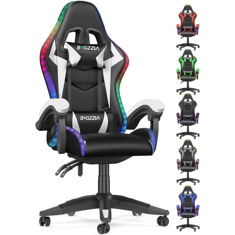 foto del prodotto bigzzia poltrona gaming led rgb reclinabile 155 schienale ergonomico con cuscino lombare portata 136kg bianco