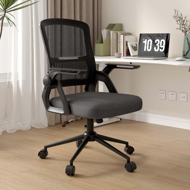 foto del prodotto bigzzia sedia da ufficio scrivania ergonomica, con braccioli pieghevoli, altezza regolabile, rete respirante, girevole con ruote, funzione