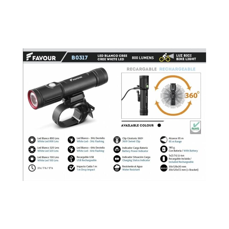 foto del prodotto bike torcia elettrica ricaricabile in alluminio led bianco cree 850 lumen nero con soporte 360 girevole b0317 favour
