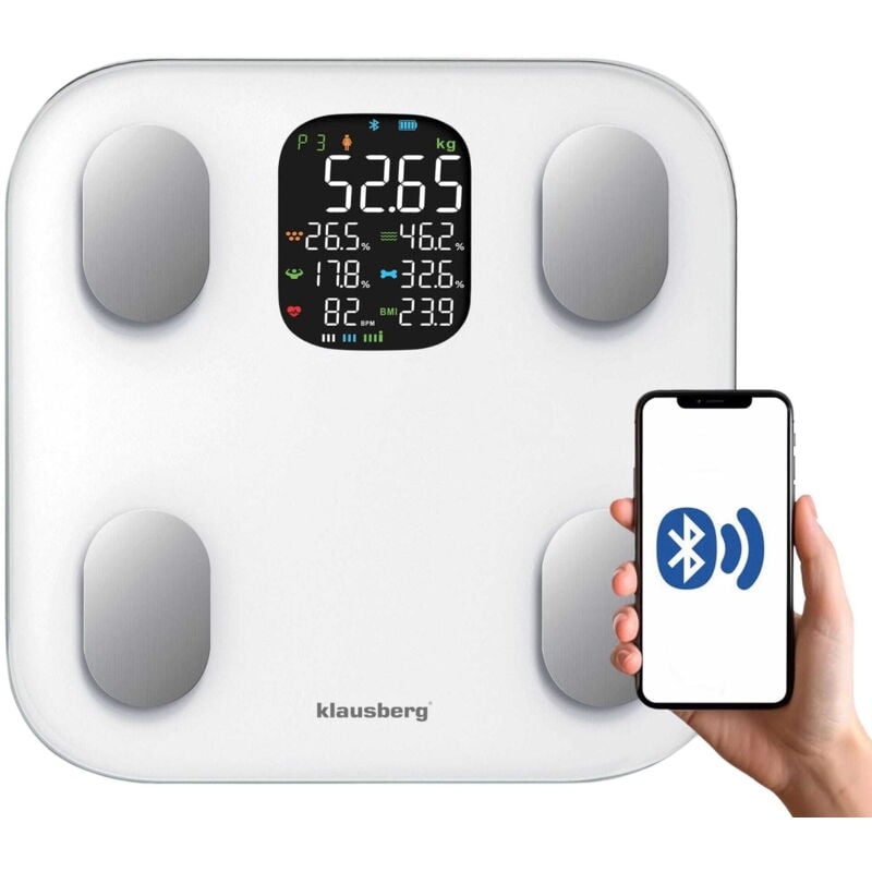 foto del prodotto bilancia da bagno con misurazione del grasso corporeo e della composizione corporea, smart, bt, klausberg kb 7855 bianca