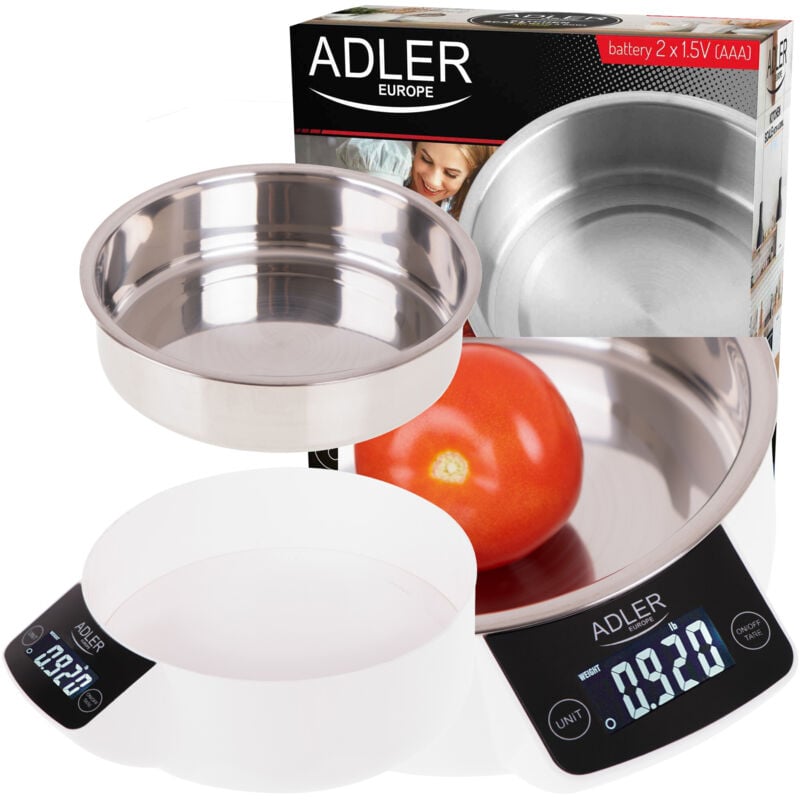 foto del prodotto bilancia da cucina adler ad 3166 con ciotola in acciaio inox da 900 ml, peso massimo 5 kg, bilancia elettronica per uso domestico con display lcd,