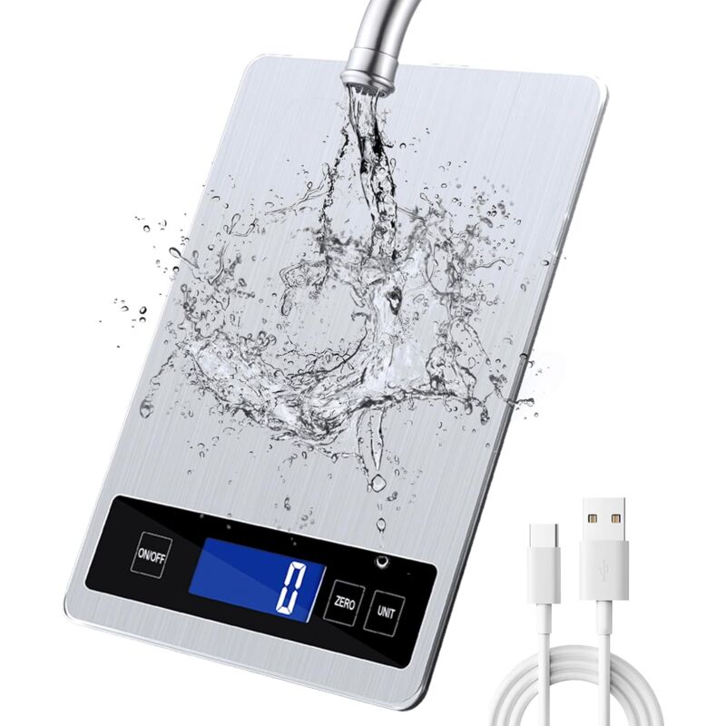 foto del prodotto bilancia da cucina digitale da 15 kg con display lcd acciaio inossidabile vetro temperato, precisione fino a 1 g, g kg lb oz ml fl oz, tipo c