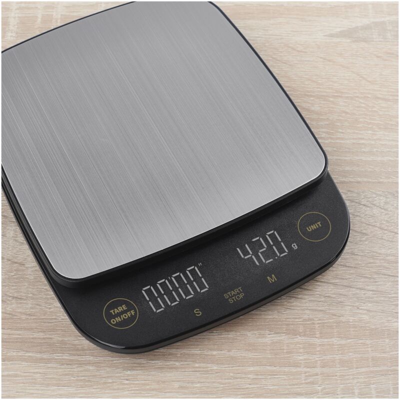 foto del prodotto bilancia da cucina digitale in acciaio inox con indicatore led, bilancia elettronica da appendere, precisione 0,1 g, carico massimo 3,0 kg, tara,