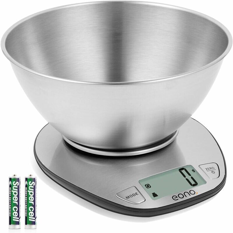 foto del prodotto bilancia digitale da cucina pasticceria in acciaio inox, con ciotola rimovibile, funzione tara, display lcd, carico massimo 5 kg