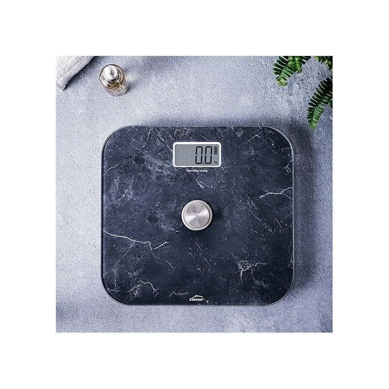 foto del prodotto bilancia pesapersone con ecomove ed effetto marmo, vetro temperato extrapiatto da 5mm, schermo lcd, misure 31 x 29 x 5cm