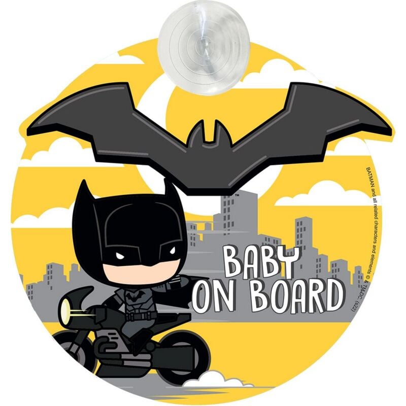 foto del prodotto bimbo a bordo, segnale di sicurezza auto baby on board grafiche dc comics del supereroe batman con attacco a ventosa