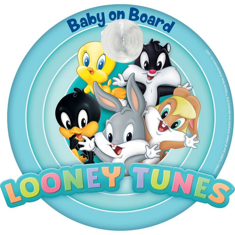 foto del prodotto bimbo a bordo, segnale di sicurezza per auto baby on board con grafiche warner bros dei looney tunes e attacco a ventosa