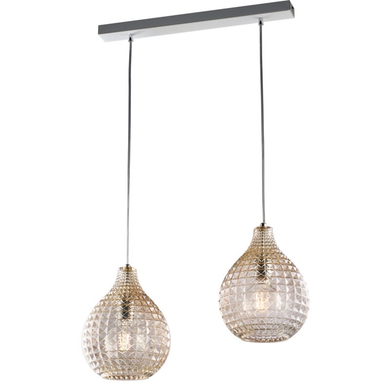 foto del prodotto binario in ferro laccato bianco e montatura cromo con cavi elettrici regolabili e diffusori in vetro soffiato ambra con decoro effetto cristallo 2