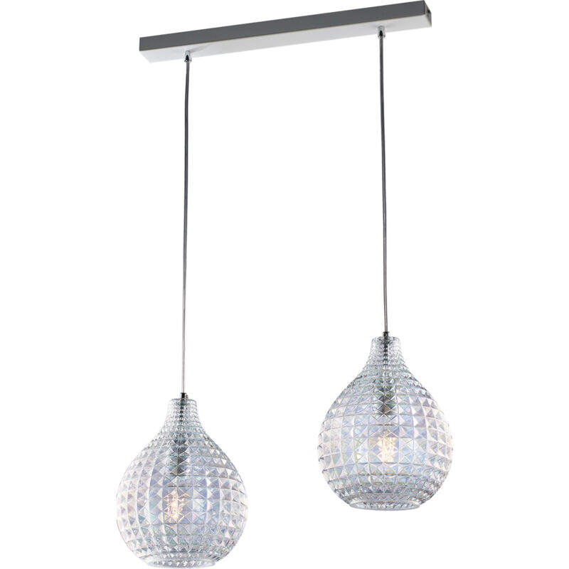 foto del prodotto binario in ferro laccato bianco e montatura cromo con cavi elettrici regolabili e diffusori in vetro soffiato trasparente con decoro effetto