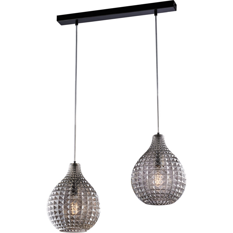 foto del prodotto binario in ferro laccato nero e montatura cromo con cavi elettrici regolabili e diffusori in vetro soffiato grigio specchiato con decoro effetto