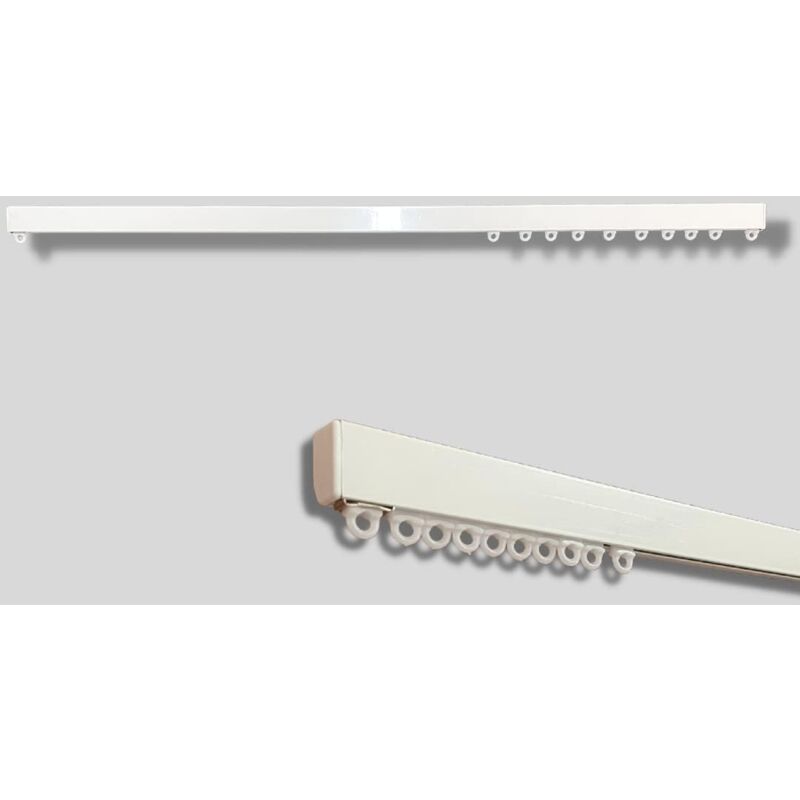 foto del prodotto binario per tende lineare in alluminio bianco, movimento manuale, attacco soffitto parete completo di tutti gli accessori lunghezza 160 cm