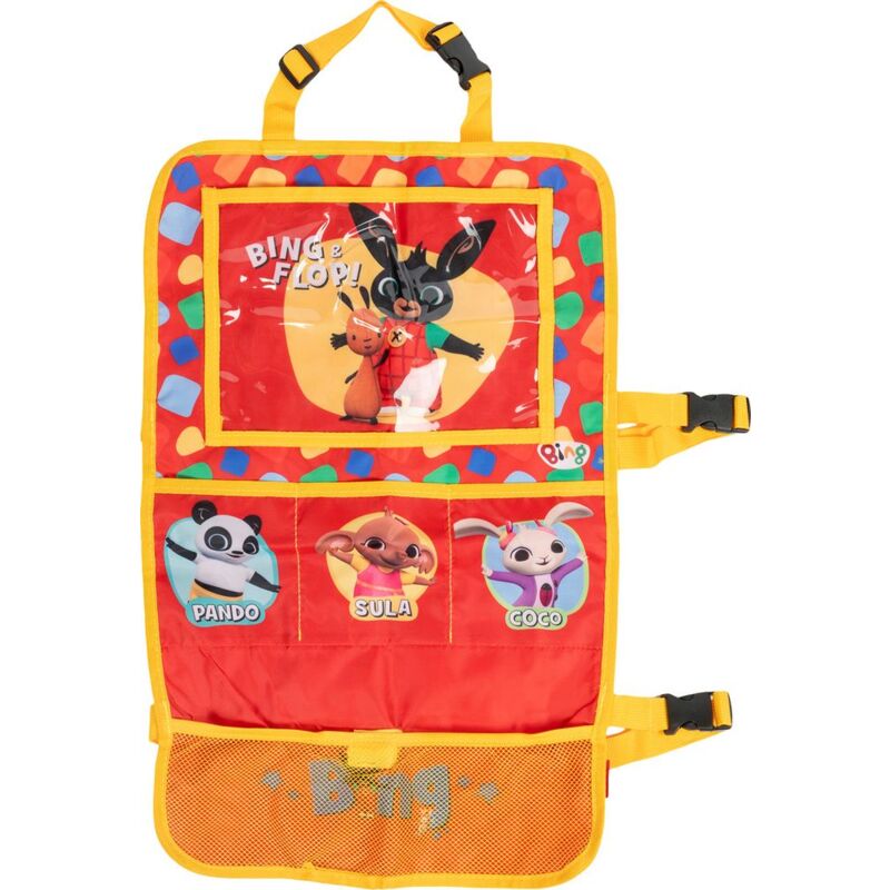foto del prodotto bing proteggisedile portaoggetti tablet organizer auto per bambini di colore rosso con i simpatici flop, pando, sula e coco