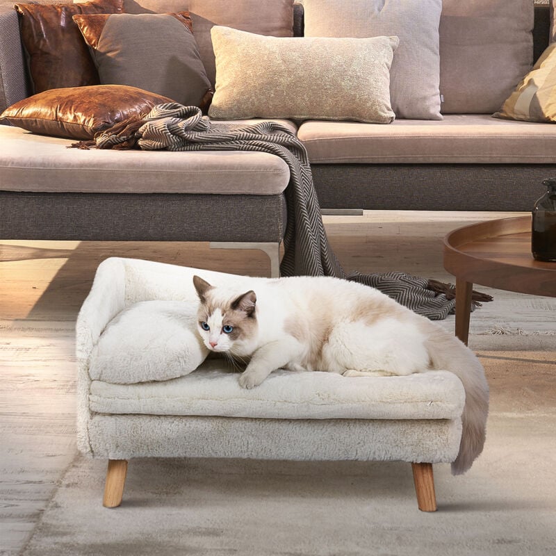 foto del prodotto bingo paw divano per gatti cani divanetto taglia piccola letto per cani rialzato cuccia morbida con cuscino, beige 70x38x32cm