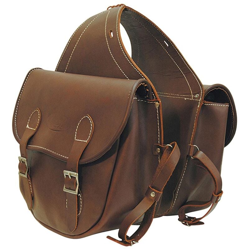 foto del prodotto bisaccia posteriore in cuoio liscio e cuciture a contrasto modello deluxe, completa di lacciolini - cognac marrone chiaro naturale