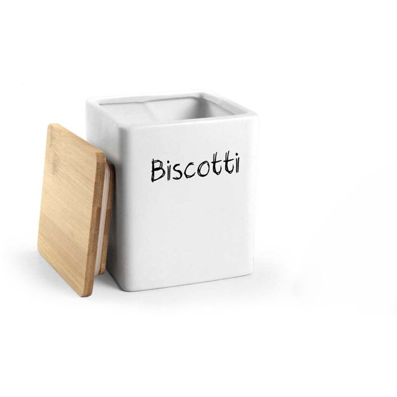 foto del prodotto biscottiera in ceramica quadrata 13x17cm con top in legno